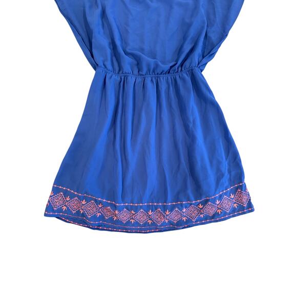 Miami Women’s Blue Boho Boutique Shift Dress Small Embroidered Hem Elastic Waist - Picture 3 of 9